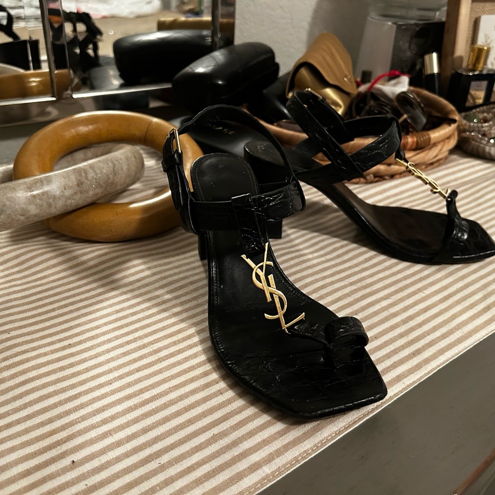 Yves Saint Laurent Cassandra Black Croc Embossed Heels with Gold Logo